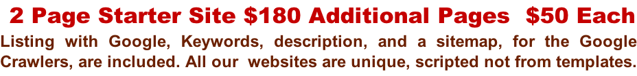 2 Page Starter Site $180 Additional Pages  $50 Each Listing with Google, Keywords, description, and a sitemap, for the Google  Crawlers, are included. All our  websites are unique, scripted not from templates.